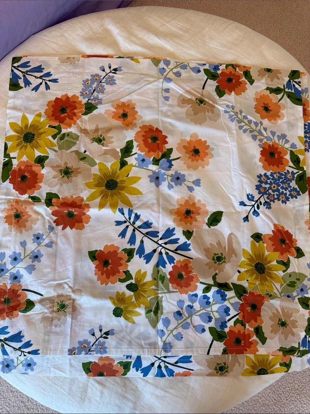 Floral Sunflower Cotton Pillowcase - White with Yellow & Orange Flowers Euro